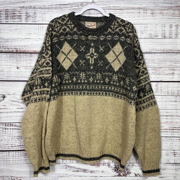 Vintage 90s Woolrich Wool Blend Sweater Mens XL Tan Gray Fisherman Cabin Nordic - Picture 2 of 10